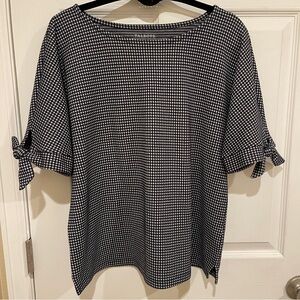 Talbots Top Size L Blue White Gingham Check Tie Short Sleeve Cotton Pullover